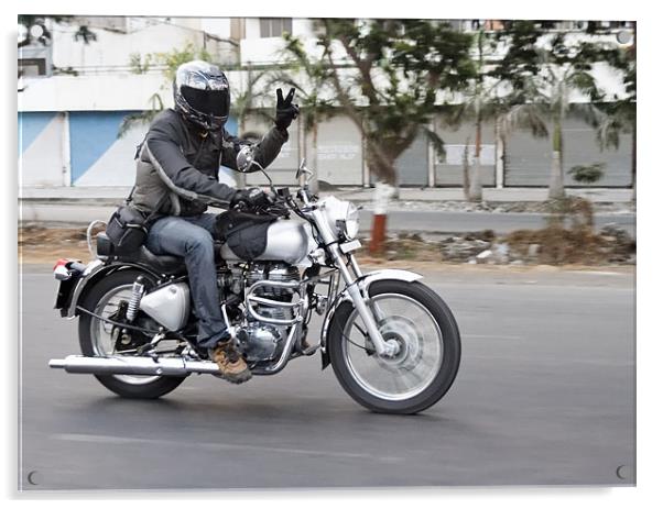 Motorbiker motion showing peace sign Acrylic by Arfabita  