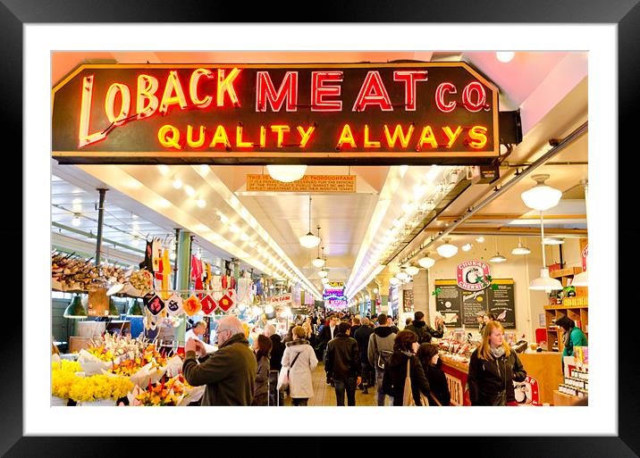 PIKES WALK Pikes Place Public Market Loback Meat C Framed Mounted Print by Andy Smy