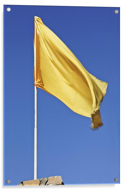 Yellow flag fluttering in blue sky Acrylic by Arfabita  