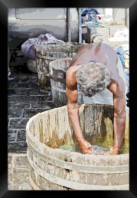 Dhobhi Ghat man washing laundry Oak Vats Framed Print by Arfabita  