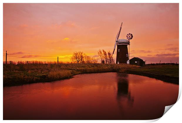 Horsey Mill Reflection at Sunrise Print by Paul Macro