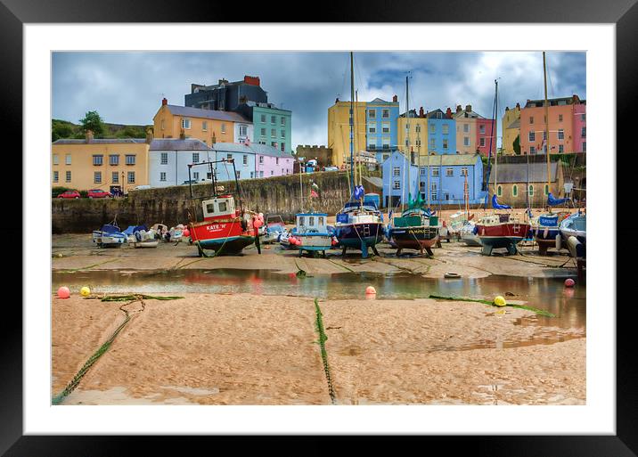 Tenby Harbour Painted Framed Mounted Print by Steve Purnell