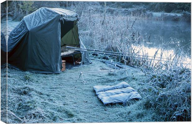 A winter Carp fishing session, Devon Canvas Print by Simon Armstrong