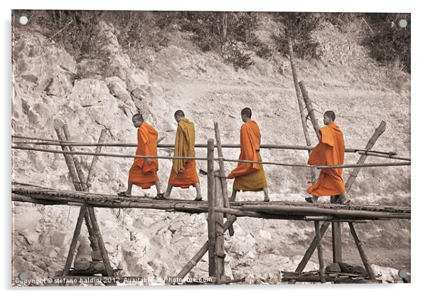 Buddhist monks across a bamboo bridge Acrylic by stefano baldini
