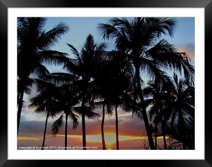Waikiki Sunset Through Palms Framed Mounted Print by Eva Kato