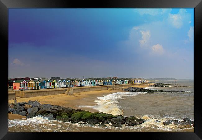 Southwold Beachhuts Sea & Stormclouds Framed Print by Bill Simpson