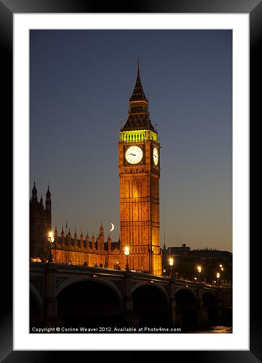 Big Ben at night with the Moon Framed Mounted Print by Corrine Weaver