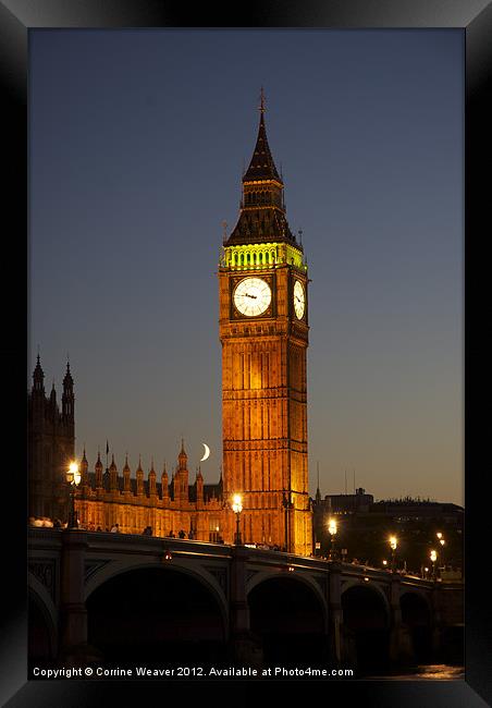 Big Ben at night with the Moon Framed Print by Corrine Weaver