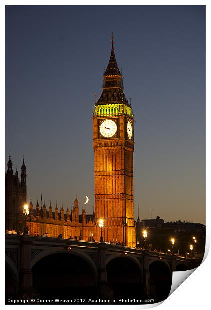 Big Ben at night with the Moon Print by Corrine Weaver