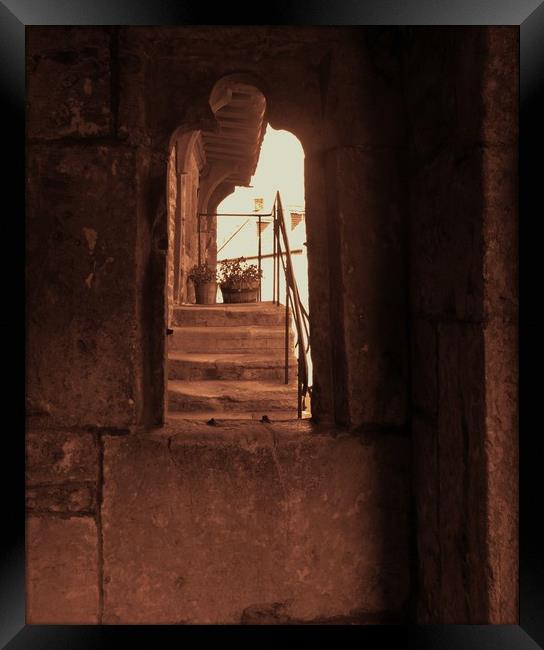 Old Stone Porch View. Framed Print by Heather Goodwin