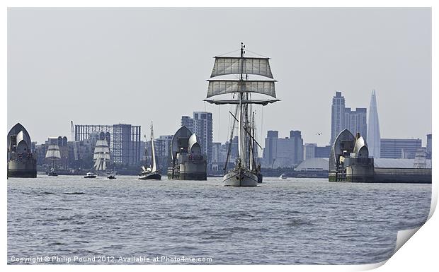 Tall Ships at Thames Barrier Print by Philip Pound