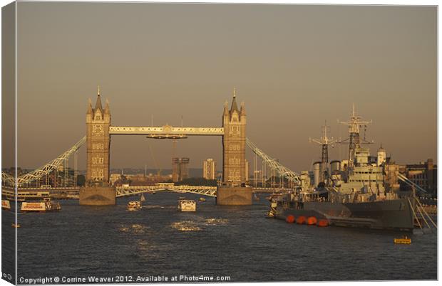 London Bridge at Sunset with HMS Belfast in waitin Canvas Print by Corrine Weaver