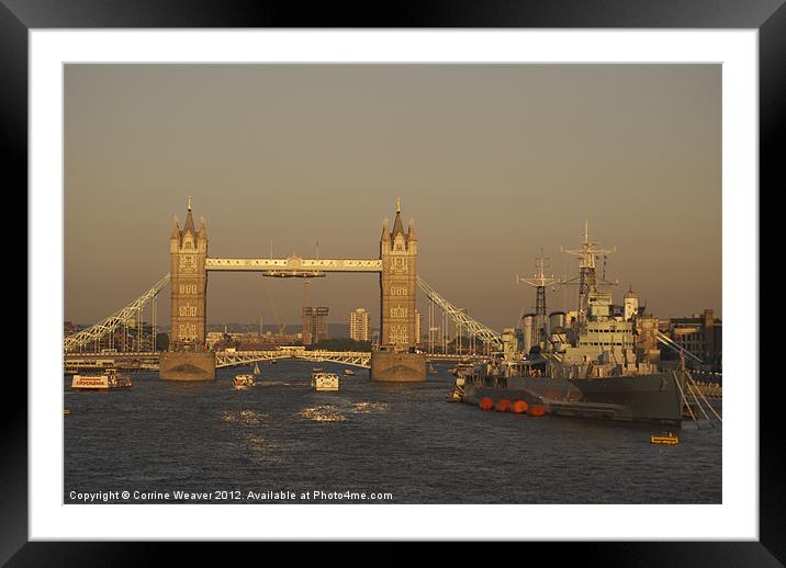 London Bridge at Sunset with HMS Belfast in waitin Framed Mounted Print by Corrine Weaver