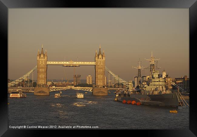 London Bridge at Sunset with HMS Belfast in waitin Framed Print by Corrine Weaver