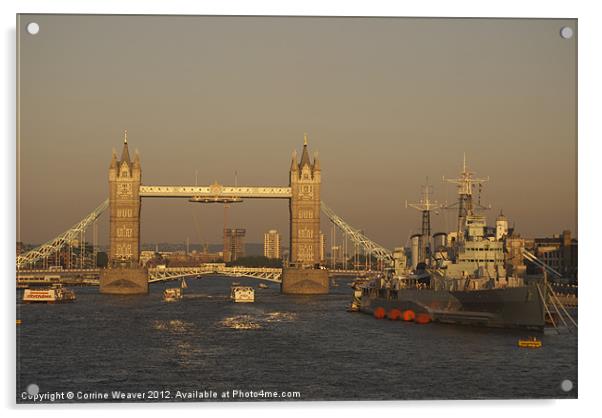 London Bridge at Sunset with HMS Belfast in waitin Acrylic by Corrine Weaver