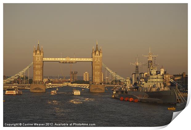 London Bridge at Sunset with HMS Belfast in waitin Print by Corrine Weaver