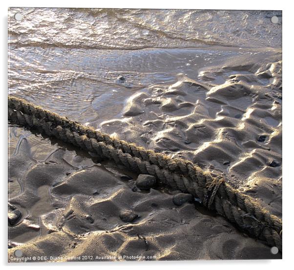 Rope across wet rivulets of sand. Acrylic by DEE- Diana Cosford