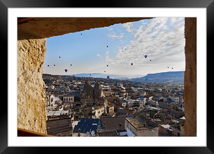 Window sunrise sky filled with balloons Framed Mounted Print by Arfabita  
