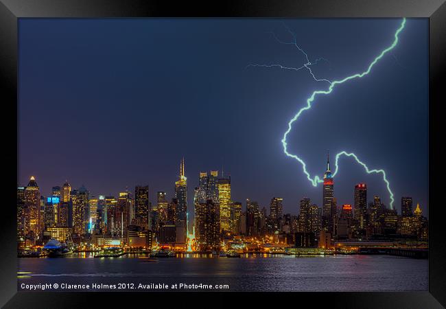 Lightning Over New York VII Framed Print by Clarence Holmes