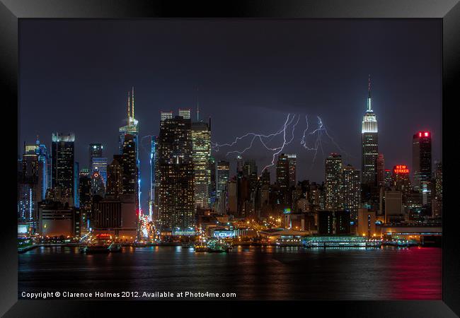 Lightning Over New York III Framed Print by Clarence Holmes