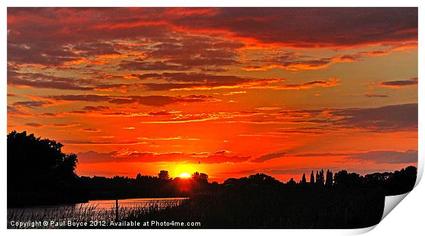 Sun setting Over Oulton Marsh Print by Paul Boyce