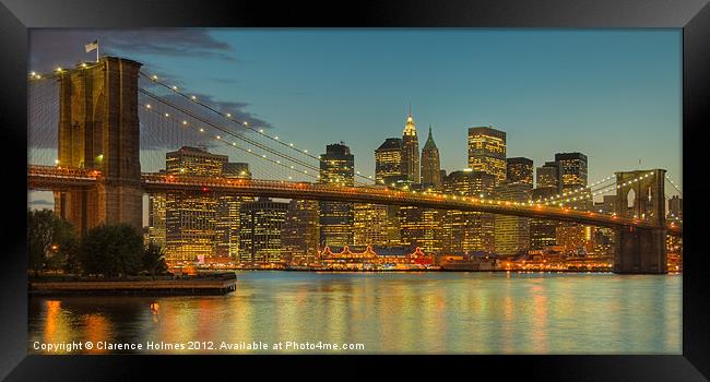 Brooklyn Bridge Twilight Panoramic Framed Print by Clarence Holmes