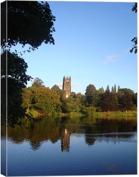 Lymm Dam and Church. Canvas Print by Kitty 