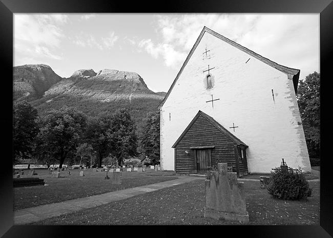Church under the mountains Framed Print by Simon Rose