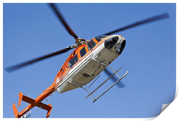 Hovering to land Orange White Helicopter Print by Arfabita  