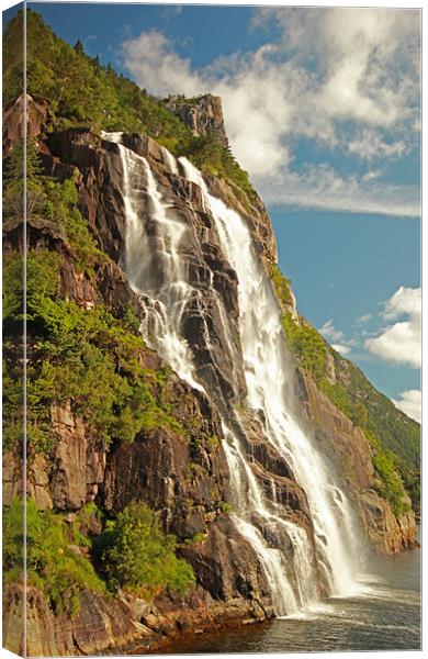 Waterfall in the Fjord Canvas Print by Simon Rose