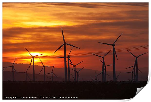 Wind Turbines Sunrise Print by Clarence Holmes