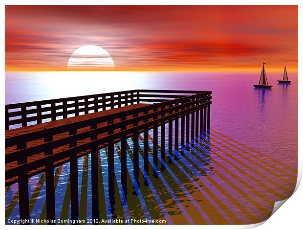 Pier at sunset Print by Nicholas Burningham