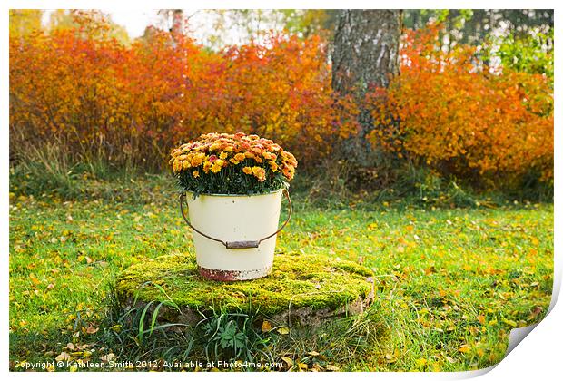 Orange Chrysanthemums in a bucket Print by Kathleen Smith (kbhsphoto)