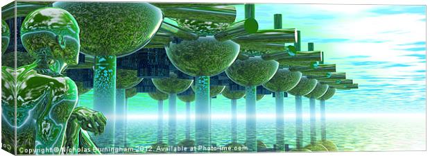 Panoramic Green City and Alien or Future Human Canvas Print by Nicholas Burningham