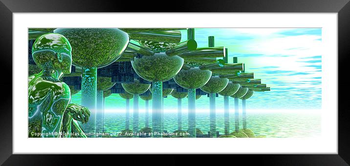 Panoramic Green City and Alien or Future Human Framed Mounted Print by Nicholas Burningham