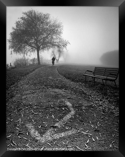 Cyclist in the fog Framed Print by Paul Davis