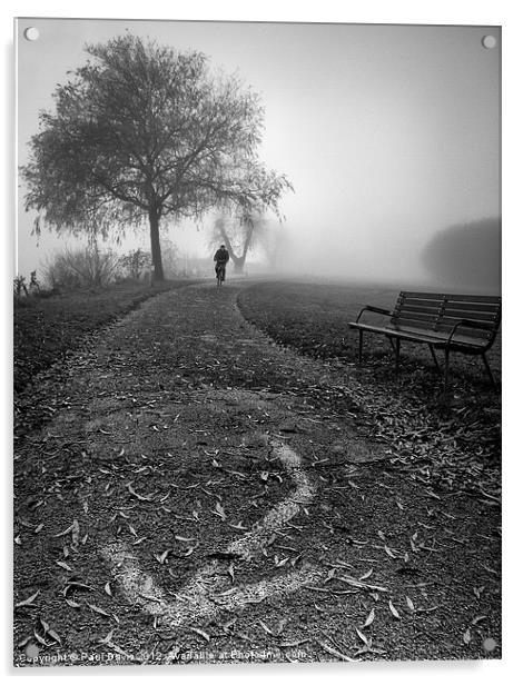 Cyclist in the fog Acrylic by Paul Davis