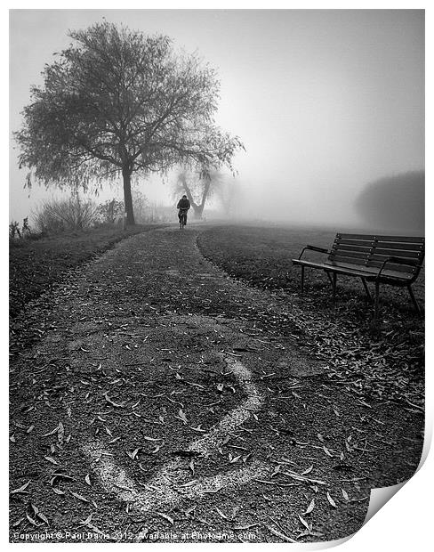 Cyclist in the fog Print by Paul Davis