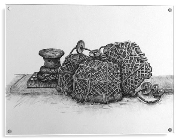 Lobster Pots fine art drawing Acrylic by David Worthington