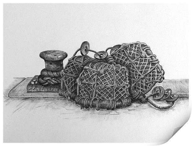 Lobster Pots fine art drawing Print by David Worthington