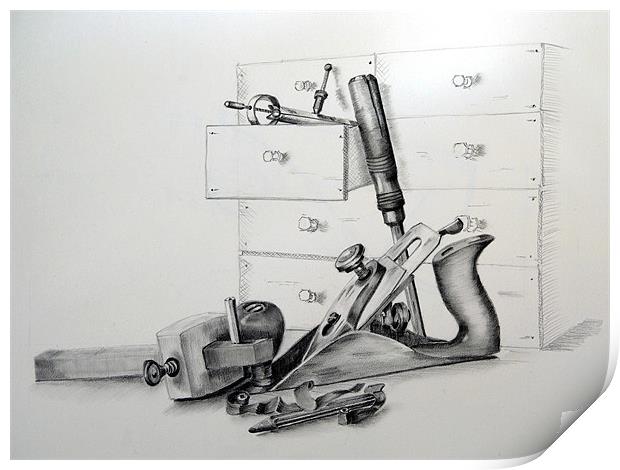 Craftsmans tools drawing Print by David Worthington
