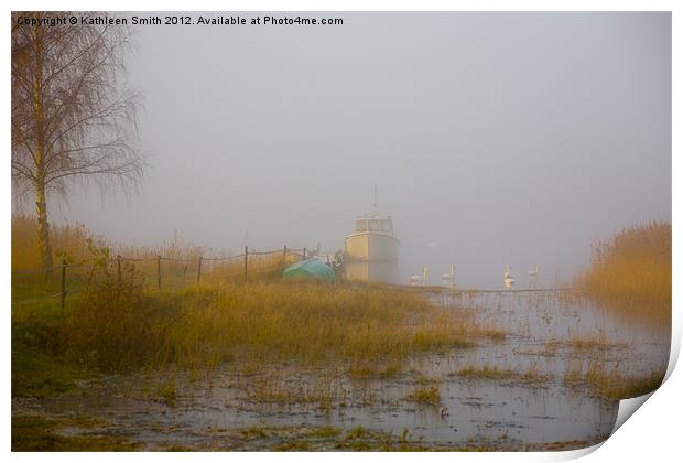 Boat and swans in mist Print by Kathleen Smith (kbhsphoto)