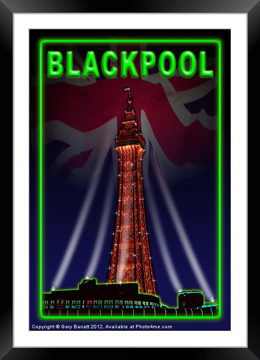 Blackpool Tower Poster Neon Green Framed Mounted Print by Gary Barratt