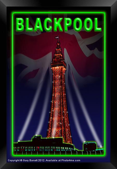 Blackpool Tower Poster Neon Green Framed Print by Gary Barratt