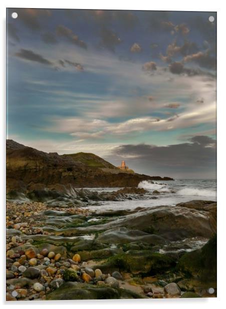 Mumbles Lighthouse from Bracelet Bay. Acrylic by Becky Dix