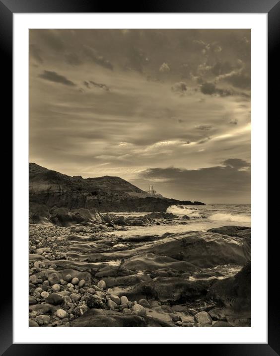 Mumbles Lighthouse from Bracelet Bay, Sepia. Framed Mounted Print by Becky Dix
