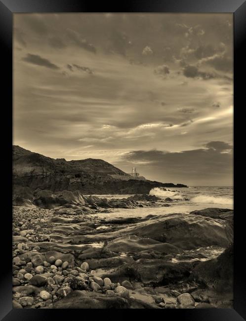 Mumbles Lighthouse from Bracelet Bay, Sepia. Framed Print by Becky Dix