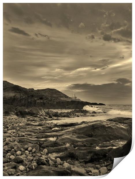 Mumbles Lighthouse from Bracelet Bay, Sepia. Print by Becky Dix
