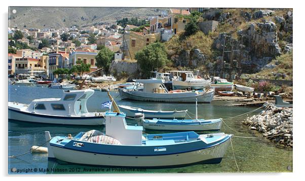 Symi Boats Acrylic by Mark Hobson