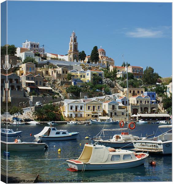 Symi Harbour Canvas Print by Mark Hobson